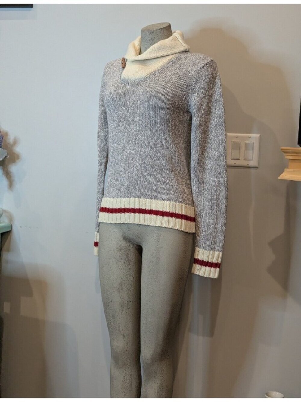 Sock Monkey Style Cowl Neck Sweater Gray & Ivory With Red Strip Cuffs Size Xs — image 2 of 7